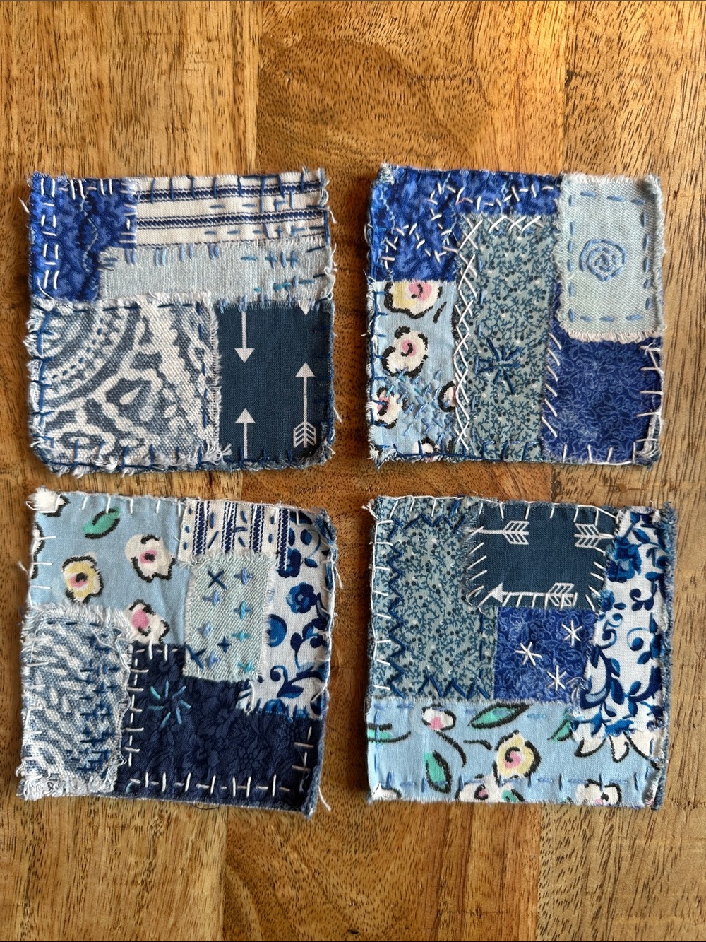 Handmade Blue Tone Denim Fabric Patches, Sashiko hand stitched, Set of 4